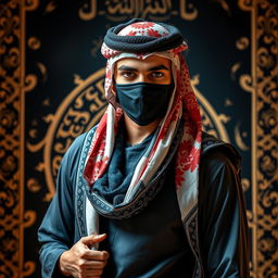 A male model with an Arabic-style scarf and a mask, posing confidently for an advertisement