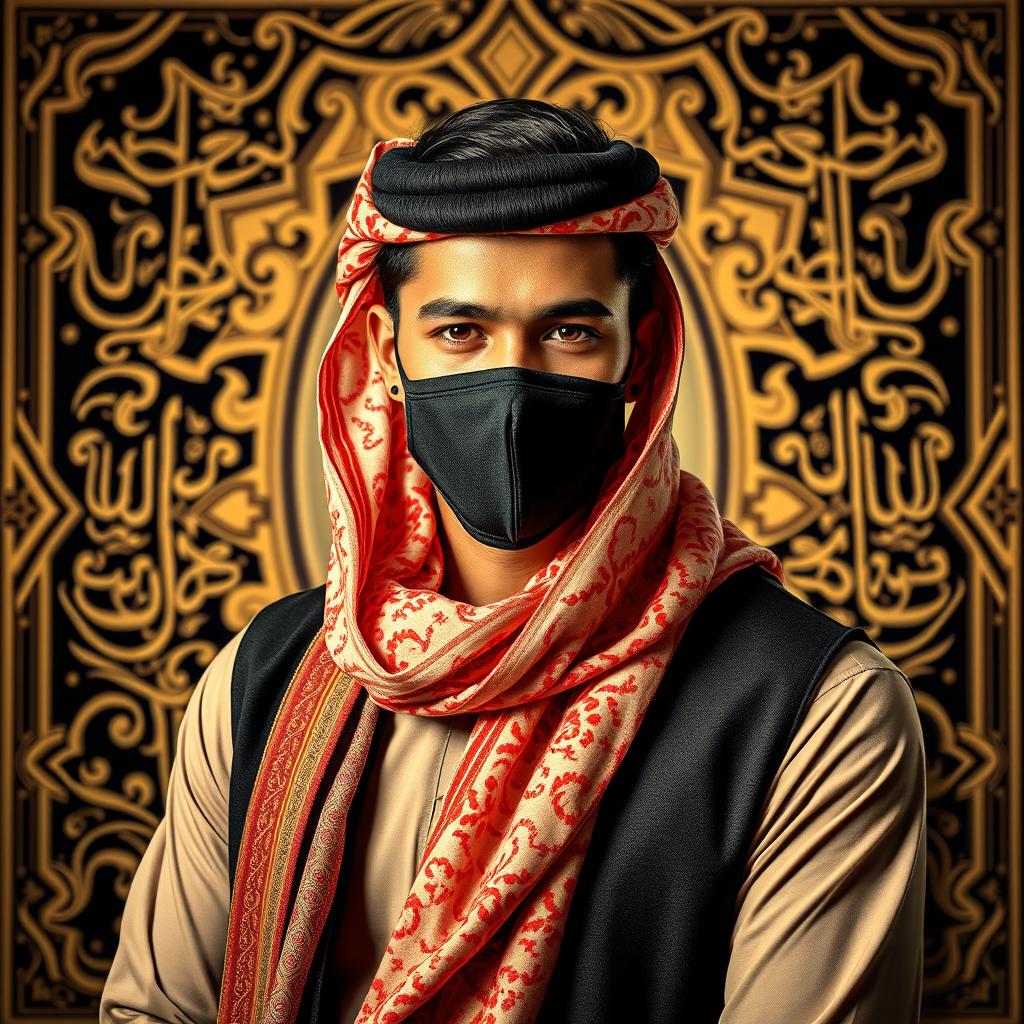 A male model with an Arabic-style scarf and a mask, posing confidently for an advertisement