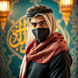 A male model with an Arabic-style scarf and a mask, posing confidently for an advertisement
