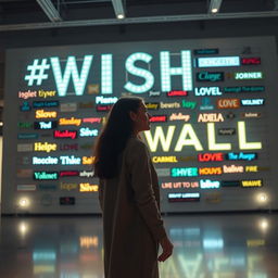 A cinematic shot featuring a woman standing in front of a giant wish wall installation, crafted from a variety of light signs made of different materials and showcasing an eclectic range of font styles
