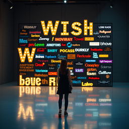 A cinematic shot featuring a woman standing in front of a giant wish wall installation, crafted from a variety of light signs made of different materials and showcasing an eclectic range of font styles