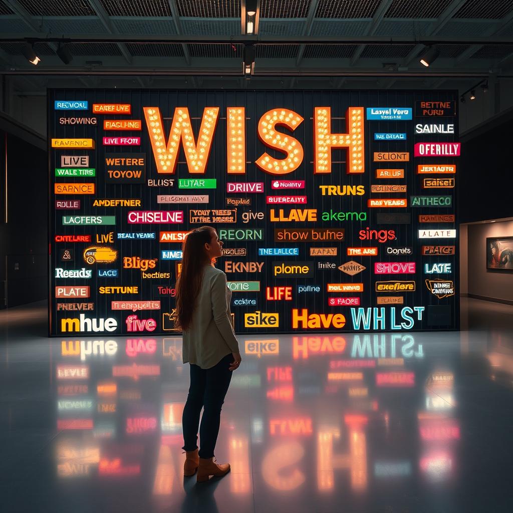 A cinematic shot featuring a woman standing in front of a giant wish wall installation, crafted from a variety of light signs made of different materials and showcasing an eclectic range of font styles
