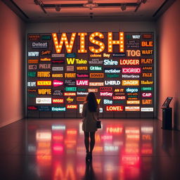 A cinematic shot featuring a woman standing in front of a giant wish wall installation, crafted from a variety of light signs made of different materials and showcasing an eclectic range of font styles