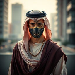 A male model wearing a mask that suggests an arabesque style, creating a dramatic and mysterious atmosphere as he poses for an advertisement in front of the camera