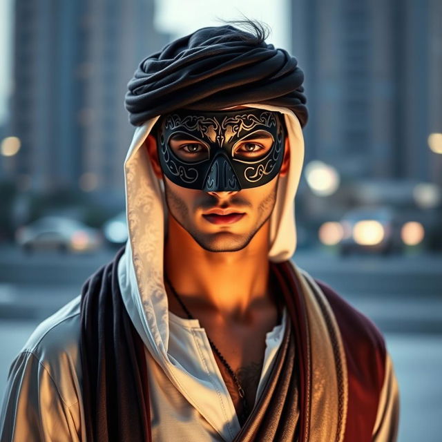 A male model wearing a mask that suggests an arabesque style, creating a dramatic and mysterious atmosphere as he poses for an advertisement in front of the camera