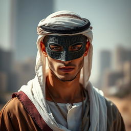 A male model wearing a mask that suggests an arabesque style, creating a dramatic and mysterious atmosphere as he poses for an advertisement in front of the camera