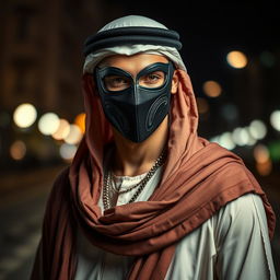 A male model wearing a mask that suggests an arabesque style, creating a dramatic and mysterious atmosphere as he poses for an advertisement in front of the camera