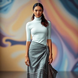 A fashionable model stands confidently, showcasing a stylish outfit featuring a snug white turtleneck top that accentuates her figure, paired with a flowing grey ethnic skirt adorned with intricate patterns