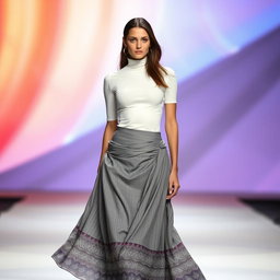 A fashionable model stands confidently, showcasing a stylish outfit featuring a snug white turtleneck top that accentuates her figure, paired with a flowing grey ethnic skirt adorned with intricate patterns