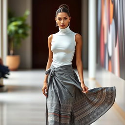 A fashionable model stands confidently, showcasing a stylish outfit featuring a snug white turtleneck top that accentuates her figure, paired with a flowing grey ethnic skirt adorned with intricate patterns