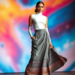 A fashionable model stands confidently, showcasing a stylish outfit featuring a snug white turtleneck top that accentuates her figure, paired with a flowing grey ethnic skirt adorned with intricate patterns