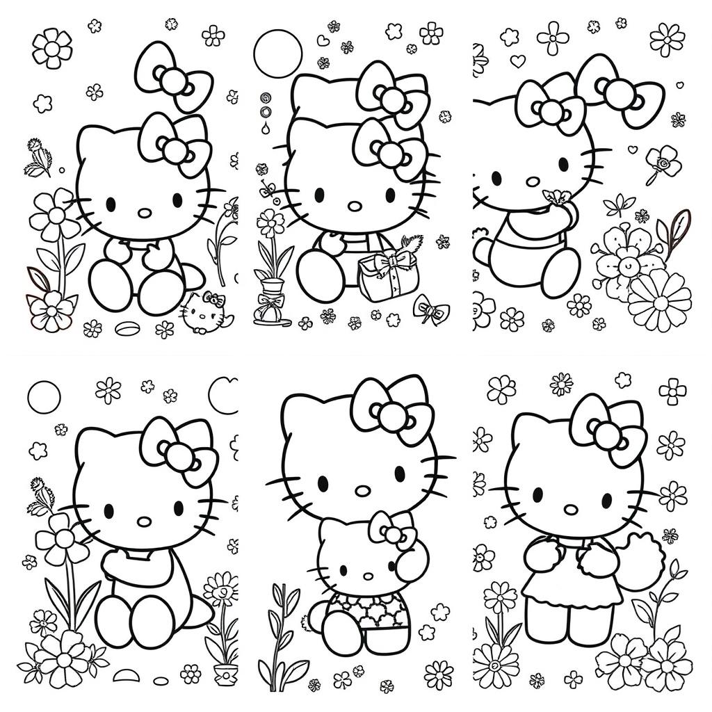 A collection of adorable Hello Kitty coloring pages featuring Hello Kitty in various cute poses and settings, surrounded by delightful patterns and whimsical elements