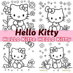 A collection of adorable Hello Kitty coloring pages featuring Hello Kitty in various cute poses and settings, surrounded by delightful patterns and whimsical elements