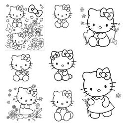 A collection of adorable Hello Kitty coloring pages featuring Hello Kitty in various cute poses and settings, surrounded by delightful patterns and whimsical elements