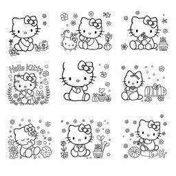 A collection of adorable Hello Kitty coloring pages featuring Hello Kitty in various cute poses and settings, surrounded by delightful patterns and whimsical elements