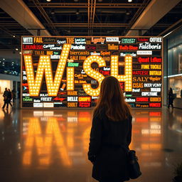 A cinematic shot featuring a woman standing in front of a giant wish wall installation, intricately constructed from a variety of light signs made of different materials and showcasing diverse font styles