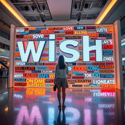 A cinematic shot featuring a woman standing in front of a giant wish wall installation, intricately constructed from a variety of light signs made of different materials and showcasing diverse font styles