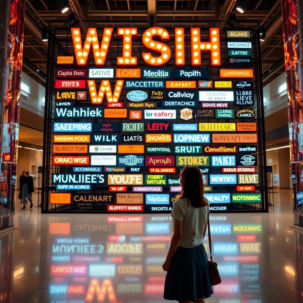 A cinematic shot featuring a woman standing in front of a giant wish wall installation, intricately constructed from a variety of light signs made of different materials and showcasing diverse font styles