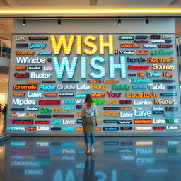 A cinematic shot featuring a woman standing in front of a giant wish wall installation, intricately constructed from a variety of light signs made of different materials and showcasing diverse font styles