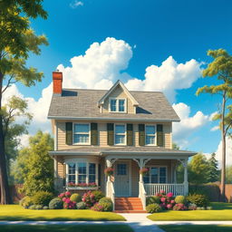 A realistic depiction of a charming house with detailed architectural features, including a well-maintained facade, multiple windows, and a welcoming front porch