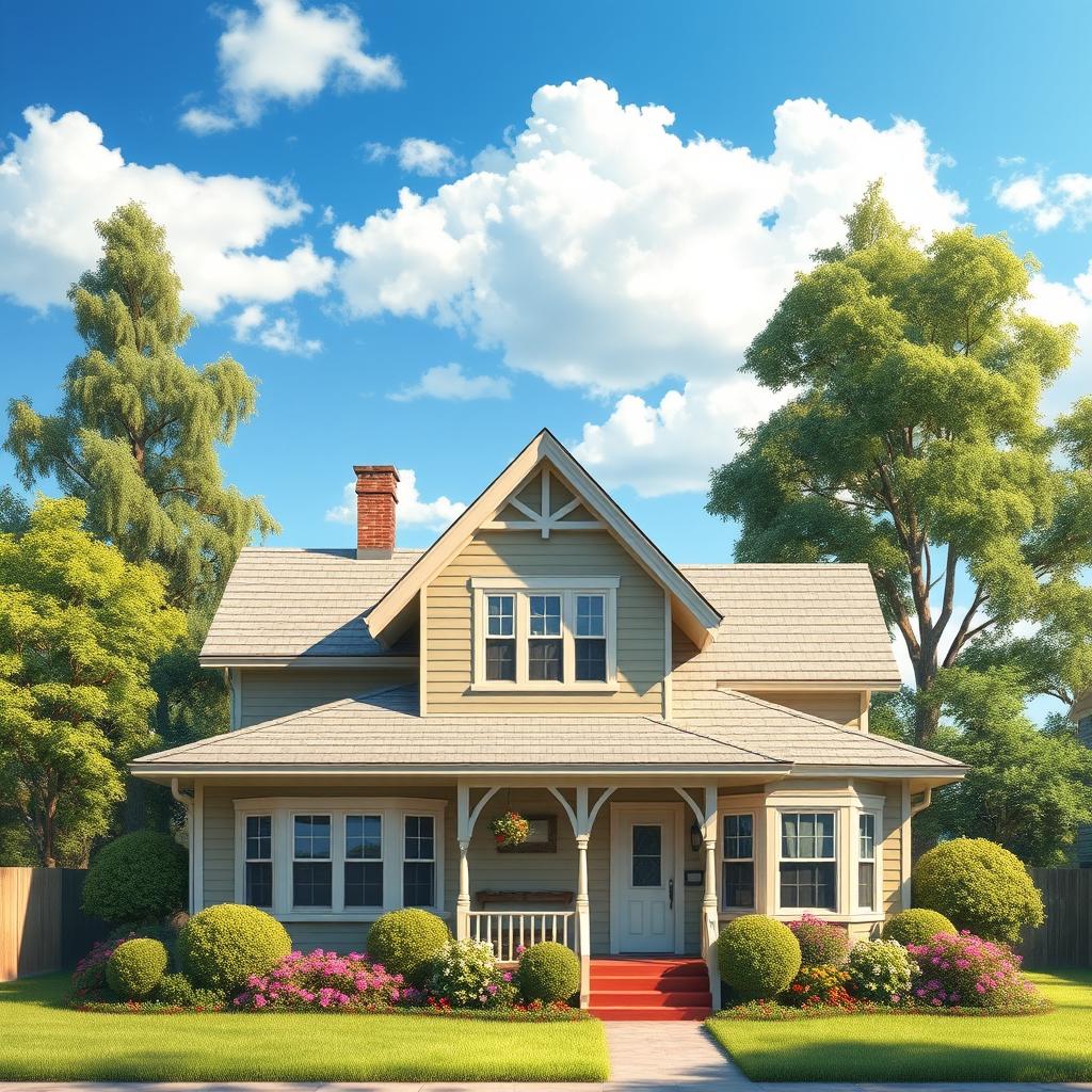 A realistic depiction of a charming house with detailed architectural features, including a well-maintained facade, multiple windows, and a welcoming front porch