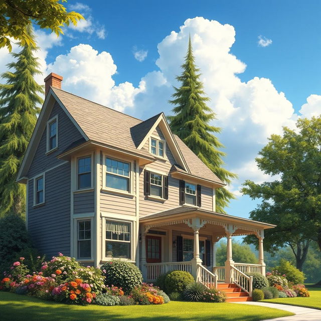 A realistic depiction of a charming house with detailed architectural features, including a well-maintained facade, multiple windows, and a welcoming front porch