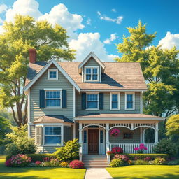 A realistic depiction of a charming house with detailed architectural features, including a well-maintained facade, multiple windows, and a welcoming front porch