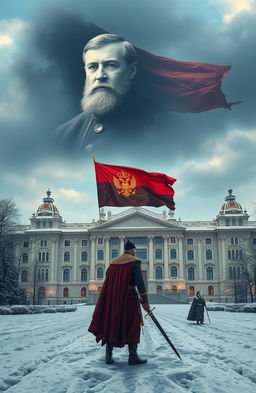 A historical novel scene featuring a defined portrait of the Tsar appearing in the sky with an ethereal effect