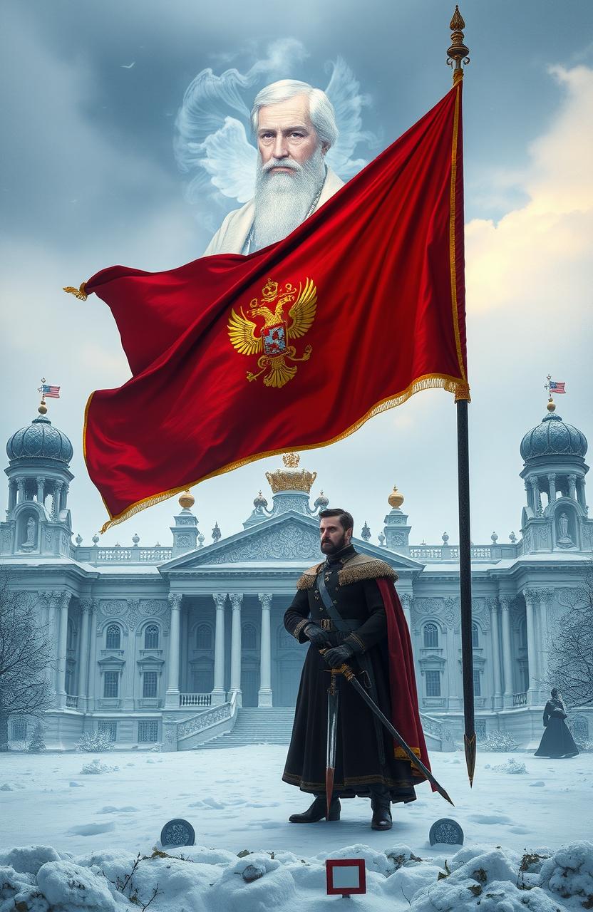 A historical novel scene featuring a defined portrait of the Tsar appearing in the sky with an ethereal effect
