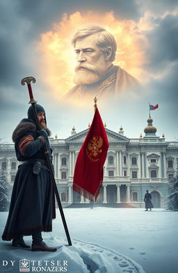 A historical novel scene featuring a defined portrait of the Tsar appearing in the sky with an ethereal effect