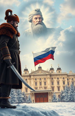A historical novel scene featuring a defined portrait of the Tsar appearing in the sky with an ethereal effect