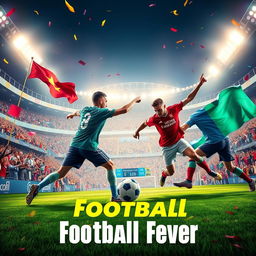 An artistic football poster featuring an intense match between two teams, showcasing players in dynamic action poses, wearing colorful jerseys with their team logos
