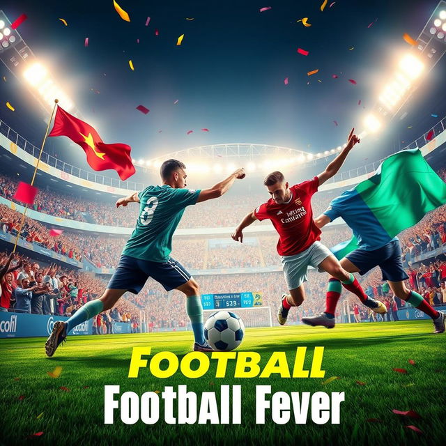 An artistic football poster featuring an intense match between two teams, showcasing players in dynamic action poses, wearing colorful jerseys with their team logos