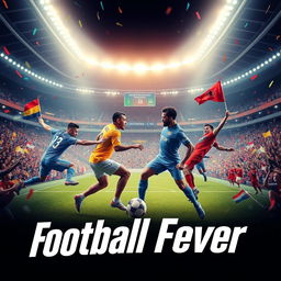 An artistic football poster featuring an intense match between two teams, showcasing players in dynamic action poses, wearing colorful jerseys with their team logos