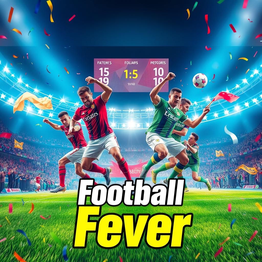 An artistic football poster featuring an intense match between two teams, showcasing players in dynamic action poses, wearing colorful jerseys with their team logos
