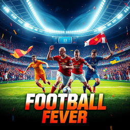 An artistic football poster featuring an intense match between two teams, showcasing players in dynamic action poses, wearing colorful jerseys with their team logos