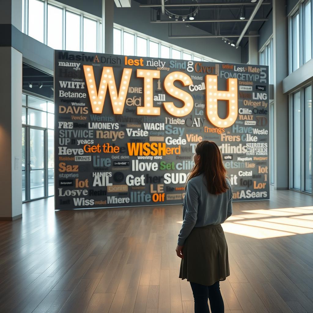 A cinematic shot featuring a woman standing in front of a giant wish wall installation, artfully constructed from an assortment of light signs made of various materials, showcasing a wide range of unique font styles