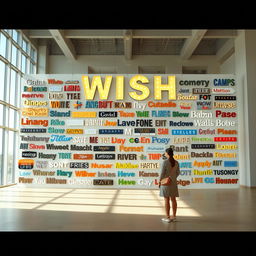 A cinematic shot featuring a woman standing in front of a giant wish wall installation, artfully constructed from an assortment of light signs made of various materials, showcasing a wide range of unique font styles