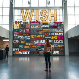 A cinematic shot featuring a woman standing in front of a giant wish wall installation, artfully constructed from an assortment of light signs made of various materials, showcasing a wide range of unique font styles