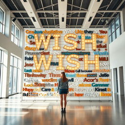 A cinematic shot featuring a woman standing in front of a giant wish wall installation, artfully constructed from an assortment of light signs made of various materials, showcasing a wide range of unique font styles