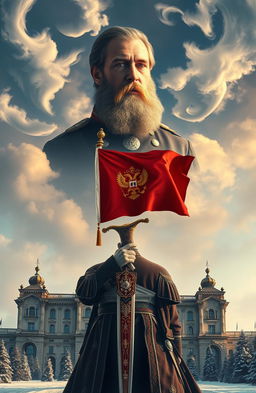 An ethereal portrait of the Tsar appearing majestically in the sky, with beautiful wisps of clouds surrounding him