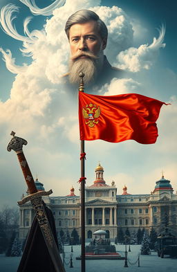 An ethereal portrait of the Tsar appearing majestically in the sky, with beautiful wisps of clouds surrounding him
