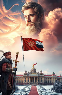 An ethereal portrait of the Tsar appearing majestically in the sky, with beautiful wisps of clouds surrounding him