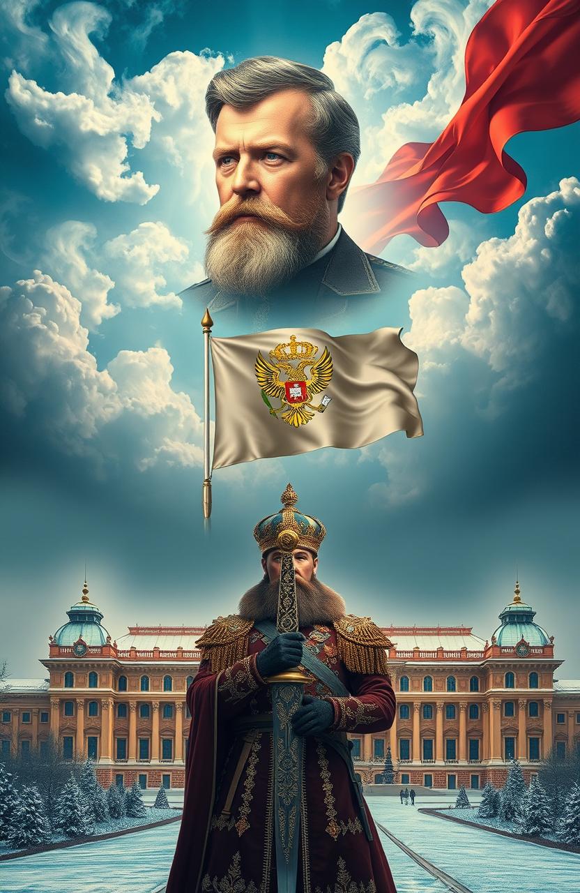 An ethereal portrait of the Tsar appearing majestically in the sky, with beautiful wisps of clouds surrounding him