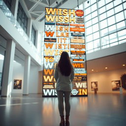 A cinematic shot of a woman standing in front of a towering wish wall installation made from an array of light signs, each crafted from various materials and displaying different font styles