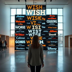 A cinematic shot of a woman standing in front of a towering wish wall installation made from an array of light signs, each crafted from various materials and displaying different font styles