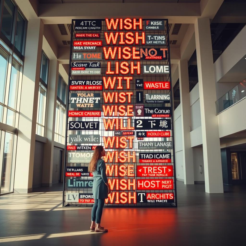 A cinematic shot of a woman standing in front of a towering wish wall installation made from an array of light signs, each crafted from various materials and displaying different font styles