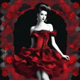 A digital art image showcases a unique and fashionable cocktail dress, embodying a 'hell fashion' theme