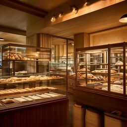 A modern Parisian style interior of a bakery cafe, well-lit and elegantly decorated with rustic furniture, pastries displayed in glass cases, and coffee brewing equipment.