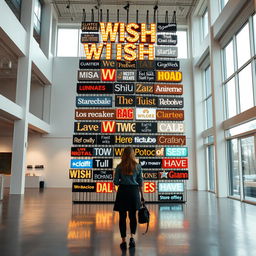 A cinematic shot of a woman standing in front of a towering wish wall installation made from an array of light signs, each crafted from various materials and displaying different font styles